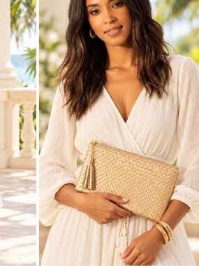 Virginia Wolf Quiet Luxury Woven Old Money Resort Tassel Zip Clutch in Gold